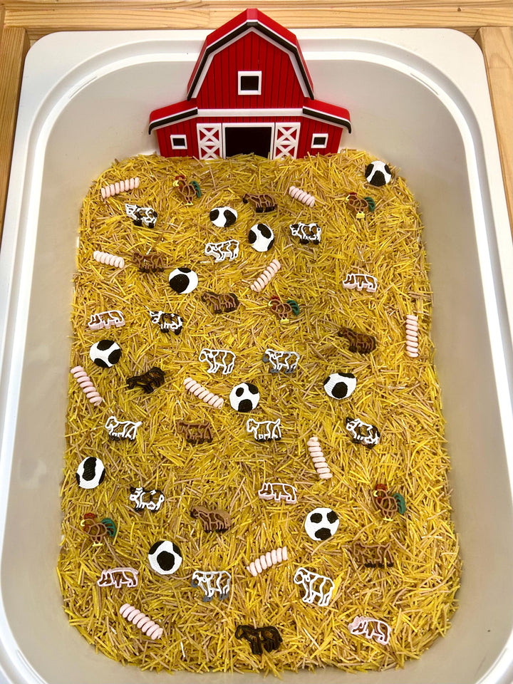 Barnyard Sensory Bin Mix | Farm Animals Sensory Filler | Hay Pasta Sensory Play | Painted Mini Cows Sheep | Fall Montessori Small World Play