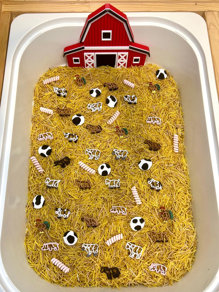 Barnyard Sensory Bin Mix | Farm Animals Sensory Filler | Hay Pasta Sensory Play | Painted Mini Cows Sheep | Fall Montessori Small World Play
