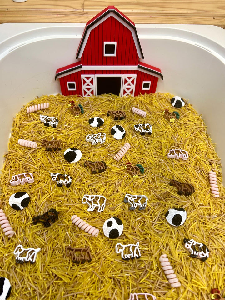 Farmyard Sensory Filler Mix | Pig-Themed Play Bin Filler | Hay & Brown Rice “Mud” | Pink Pig Tail Pasta | Piglet Farm Sensory Play for Kids