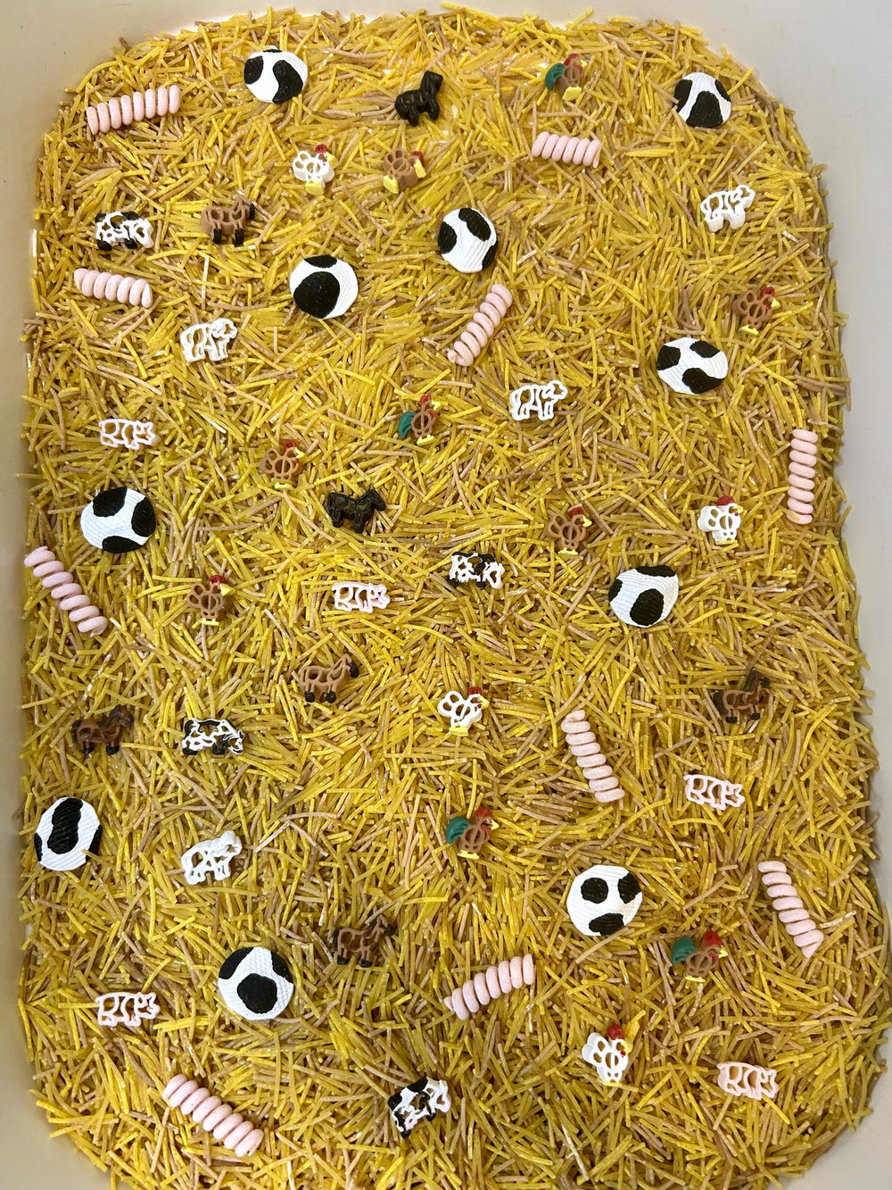 Barnyard Sensory Bin Mix | Farm Animals Sensory Filler | Hay Pasta Sensory Play | Painted Mini Cows Sheep | Fall Montessori Small World Play
