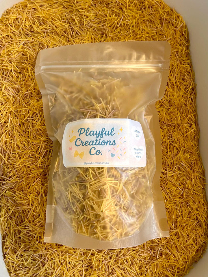 Farmyard Sensory Filler Mix | Pig-Themed Play Bin Filler | Hay & Brown Rice “Mud” | Pink Pig Tail Pasta | Piglet Farm Sensory Play for Kids