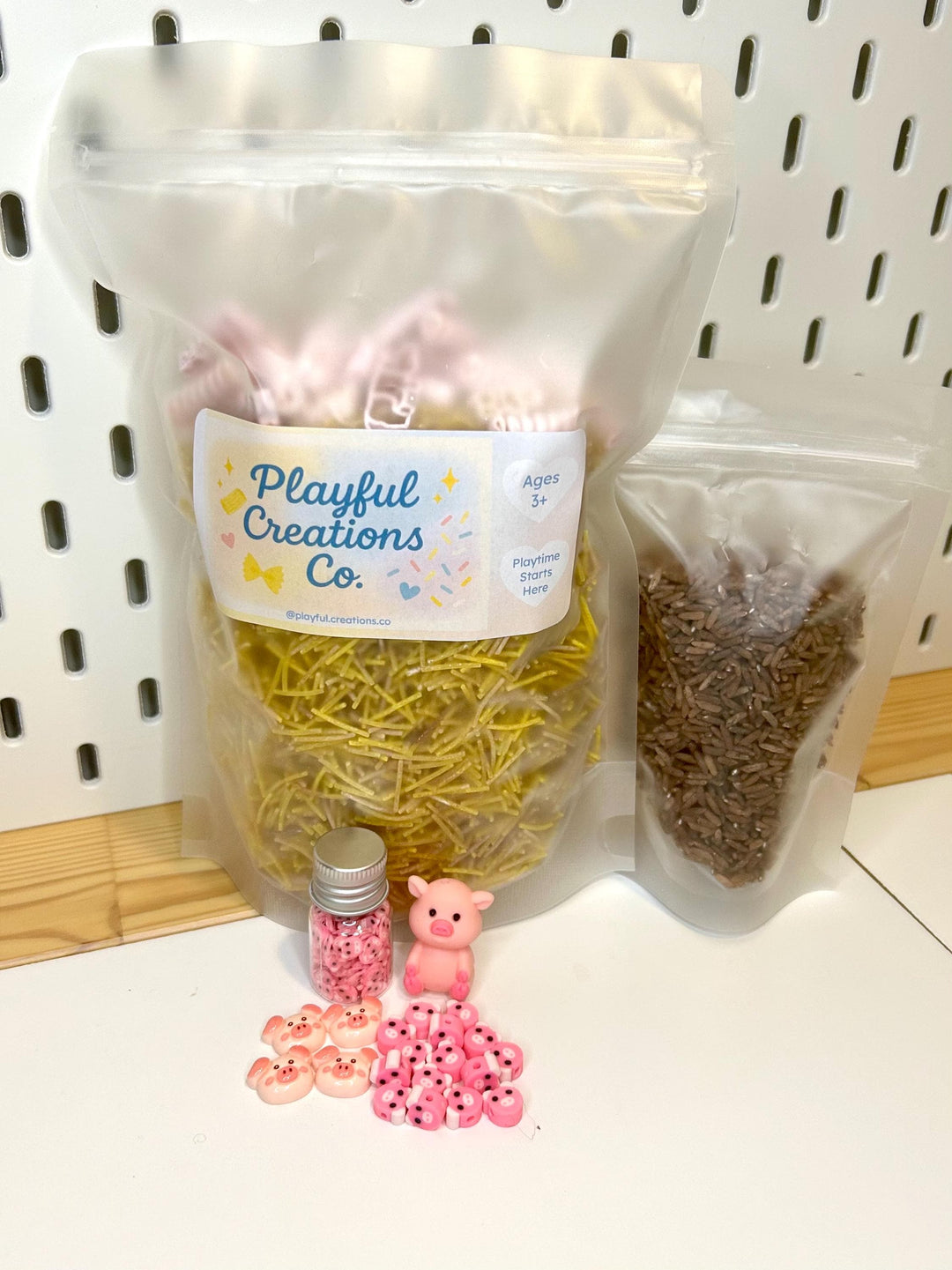 Farmyard Sensory Filler Mix | Pig-Themed Play Bin Filler | Hay & Brown Rice “Mud” | Pink Pig Tail Pasta | Piglet Farm Sensory Play for Kids