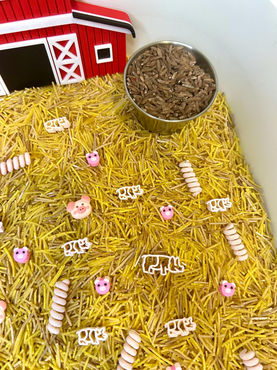 Farmyard Sensory Filler Mix | Pig-Themed Play Bin Filler | Hay & Brown Rice “Mud” | Pink Pig Tail Pasta | Piglet Farm Sensory Play for Kids