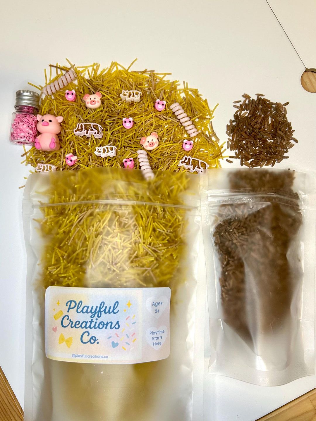Farmyard Sensory Filler Mix | Pig-Themed Play Bin Filler | Hay & Brown Rice “Mud” | Pink Pig Tail Pasta | Piglet Farm Sensory Play for Kids