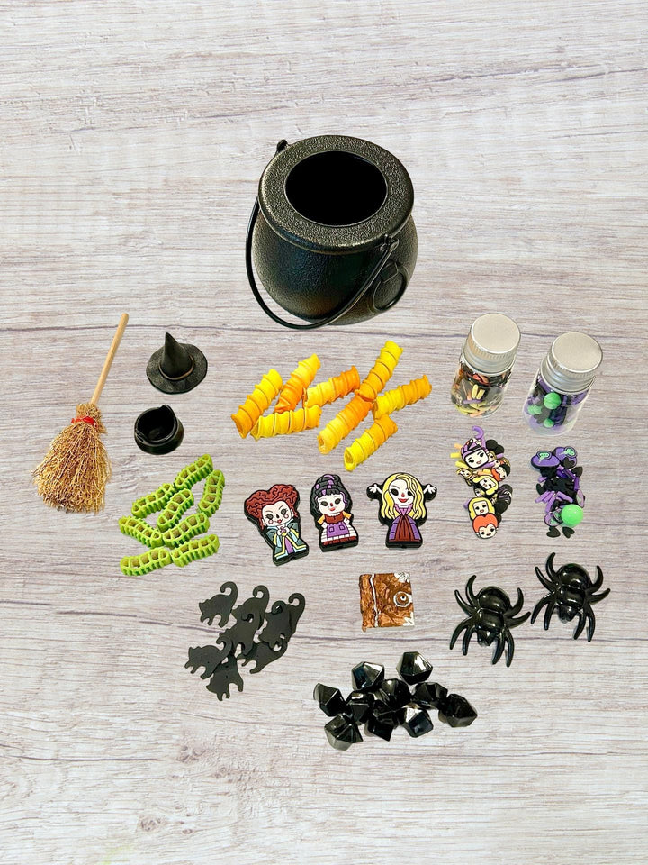 Witch Sisters Add-On Mini Charms Set | Hocus Pocus Witchy Mini Toys Play Setup | Spellbook, Cauldron & Hat Sensory Accessories Loose Parts