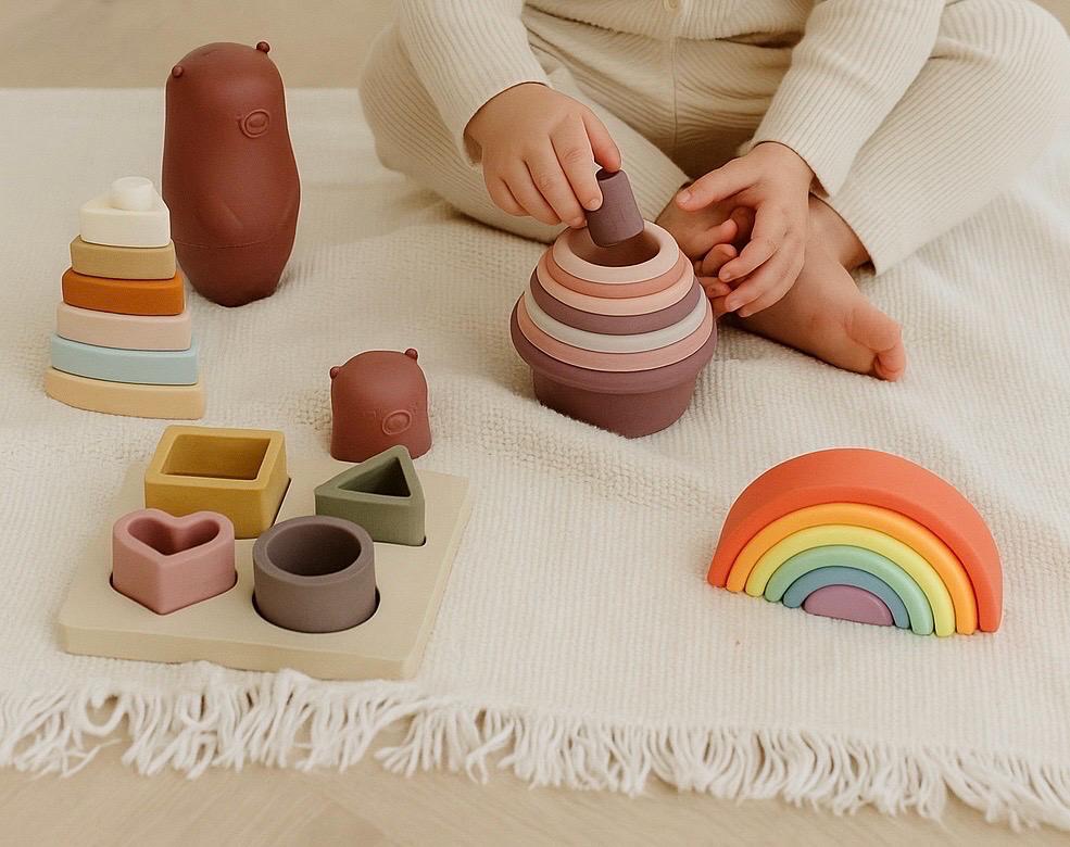 Montessori Puzzle with Silicone Simple Shapes | Toys for Toddlers | Fine Motor Skill Builder | Children Wooden Base + Soft Silicone Pieces