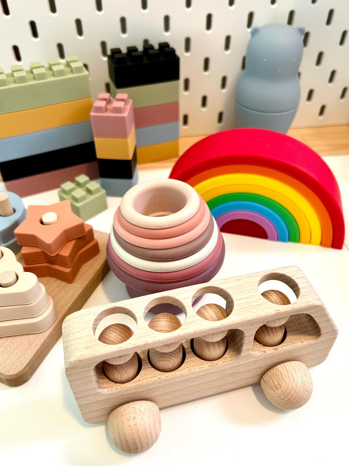 Montessori Puzzle with Silicone Simple Shapes | Toys for Toddlers | Fine Motor Skill Builder | Children Wooden Base + Soft Silicone Pieces