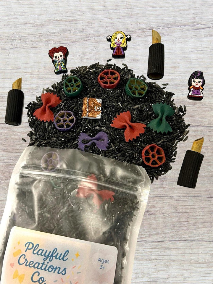 Witch Sisters Sensory Filler Mix | Hocus Pocus Inspired Play Bin Filler | Miniature Spellbook | Black Flame Candle Mix | Halloween Sensory