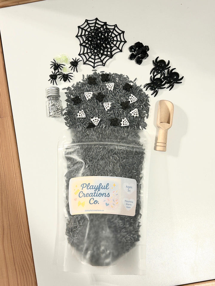 Spiderweb Sensory Filler Mix | Grey Rice Base with Handpainted Spiders & Webs | Sensory Bin | Loose Parts + Wooden Scoop | Playful Creations