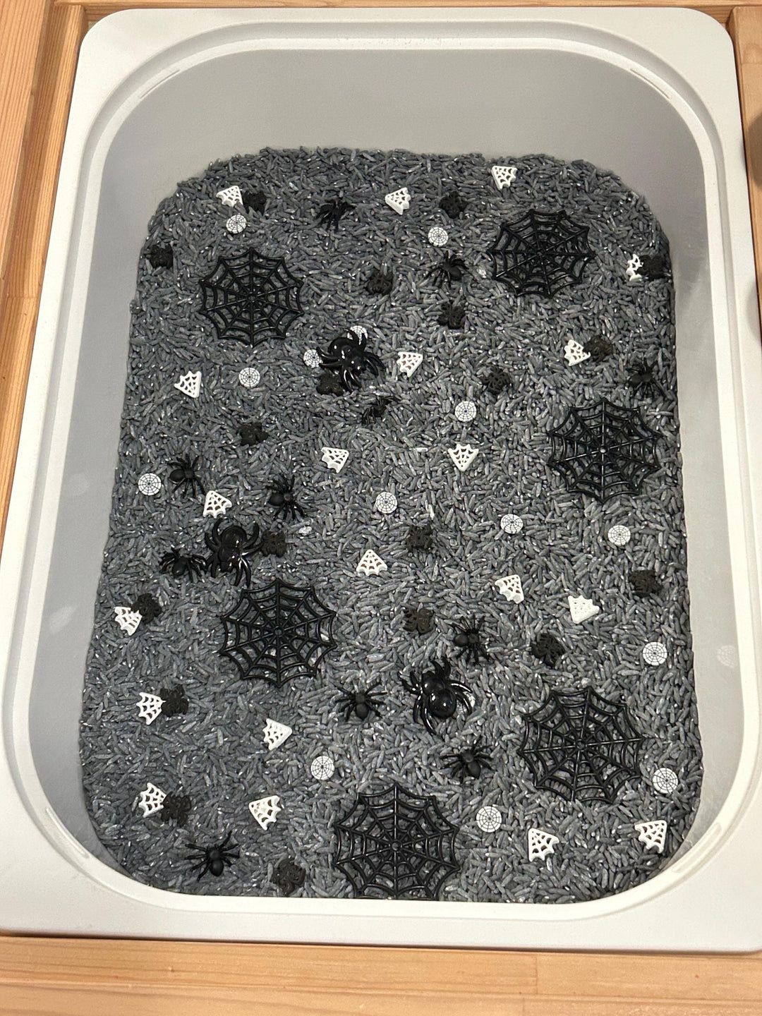 Spiderweb Sensory Filler Mix | Grey Rice Base with Handpainted Spiders & Webs | Sensory Bin | Loose Parts + Wooden Scoop | Playful Creations