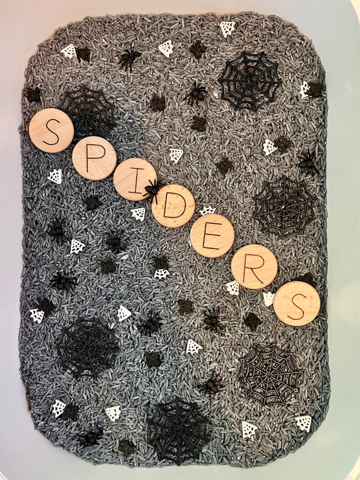 Spiderweb Sensory Filler Mix | Grey Rice Base with Handpainted Spiders & Webs | Sensory Bin | Loose Parts + Wooden Scoop | Playful Creations