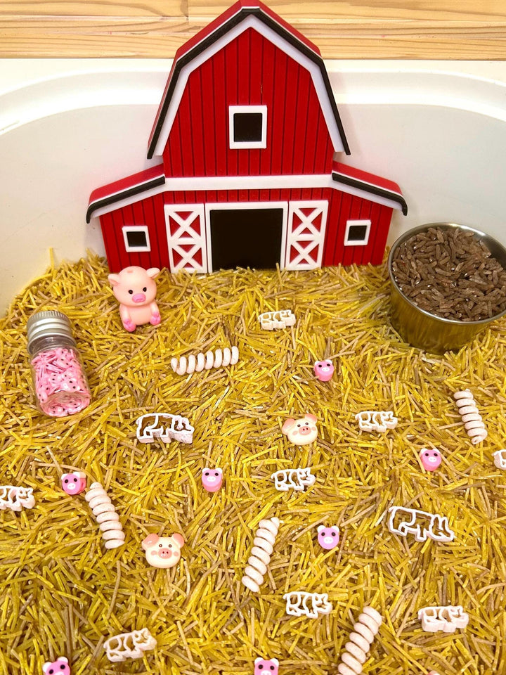 Farmyard Sensory Filler Mix | Pig-Themed Play Bin Filler | Hay & Brown Rice “Mud” | Pink Pig Tail Pasta | Piglet Farm Sensory Play for Kids