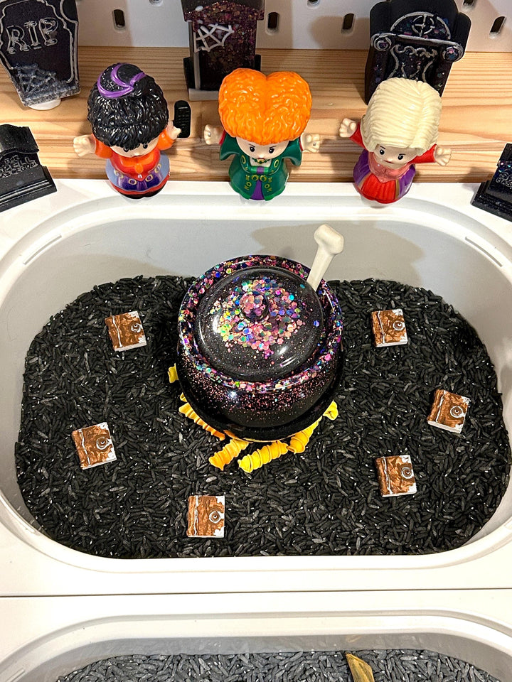 Witch Sisters Sensory Filler Mix | Hocus Pocus Inspired Play Bin Filler | Miniature Spellbook | Black Flame Candle Mix | Halloween Sensory