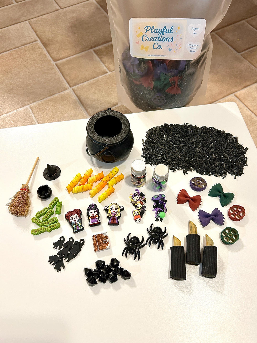 Witch Sisters Add-On Mini Charms Set | Hocus Pocus Witchy Mini Toys Play Setup | Spellbook, Cauldron & Hat Sensory Accessories Loose Parts