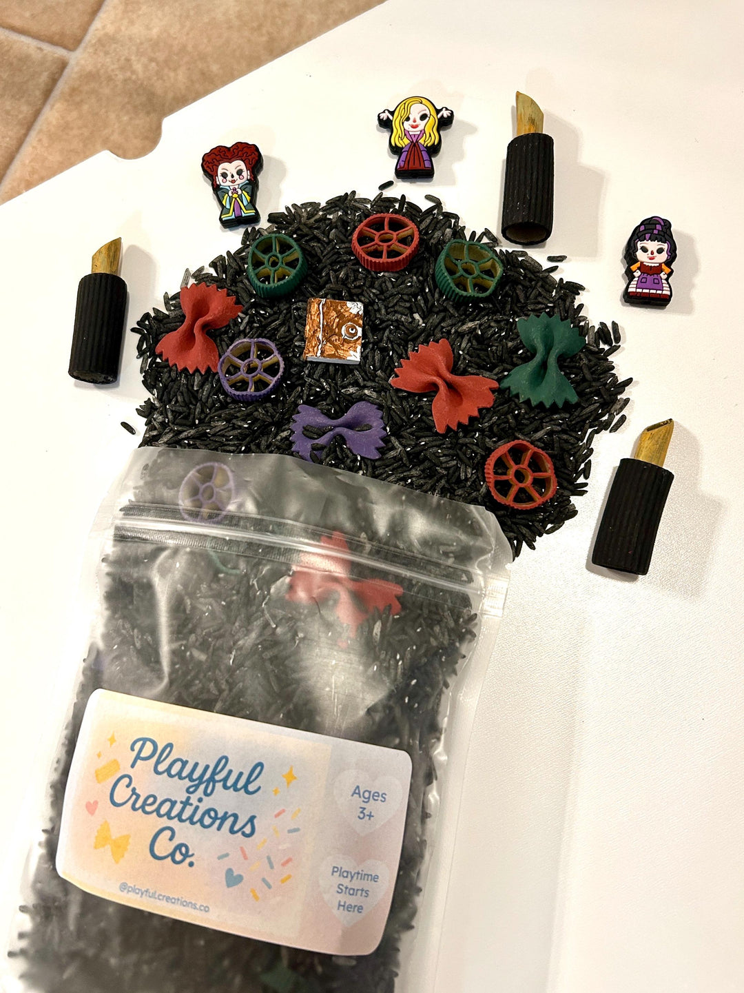 Witch Sisters Sensory Filler Mix | Hocus Pocus Inspired Play Bin Filler | Miniature Spellbook | Black Flame Candle Mix | Halloween Sensory