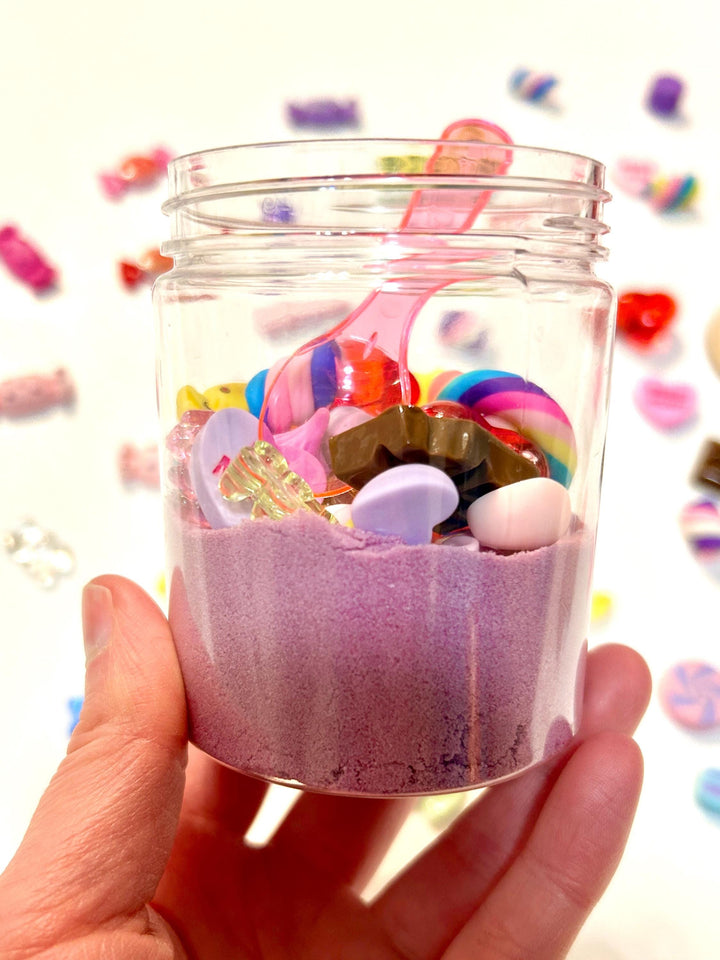 Candy-Themed Kinetic Sand Kit for Kids | Valentine’s Day Sensory Play | Pink, Red & Purple Colors | Charms Included