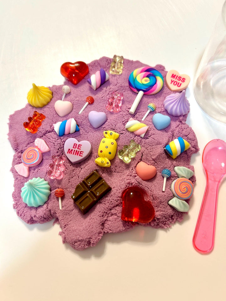Red Valentine Kinetic Sand Kit | Love Charms Sensory Play | Candy & Heart Theme | Kids Play Kit | Friendship Party Favors | Loose Parts