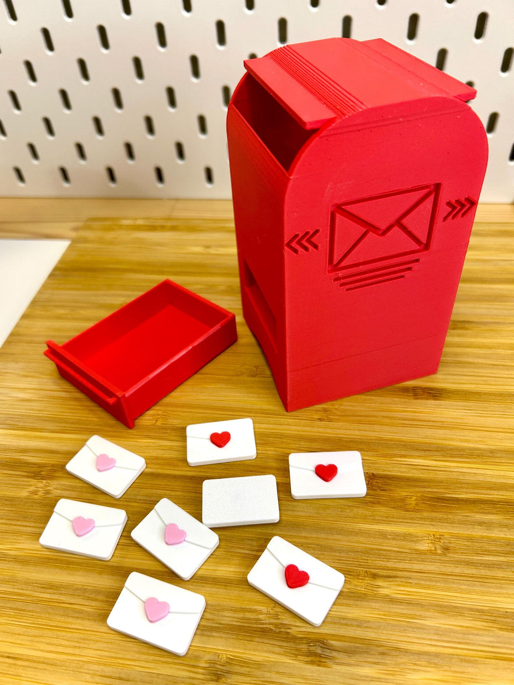 3D Printed Valentine Mailbox with Pull-Out Drawer | Miniature Envelopes Included | Desk Decor, Toy, or Sensory Play | Red Mailbox 5.25” Tall