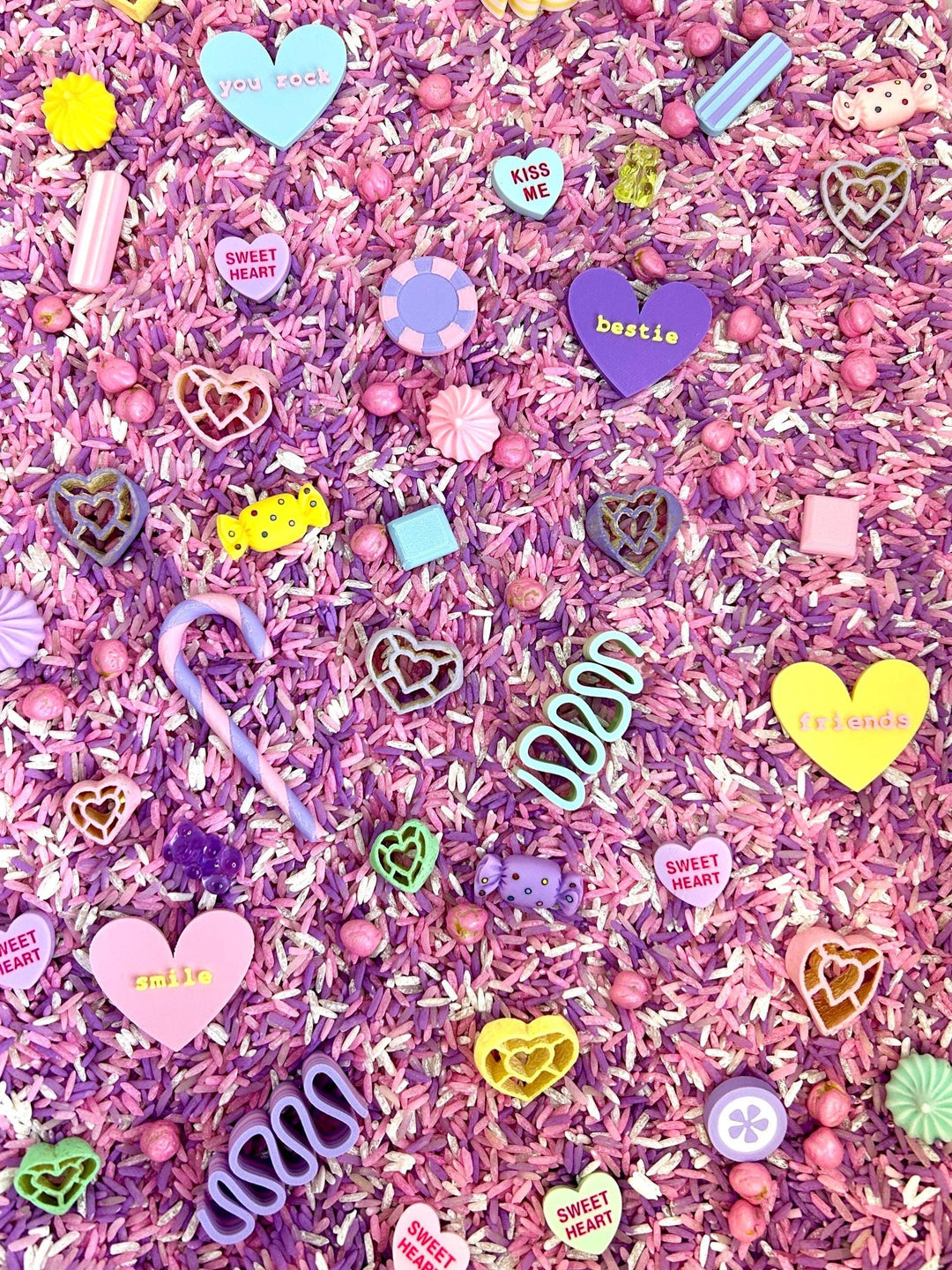 Pastel Candy Valentine Sensory Filler Mix | Conversation Hearts Sensory Bin | Pink Purple White Rice | Valentine’s Day Sensory Play