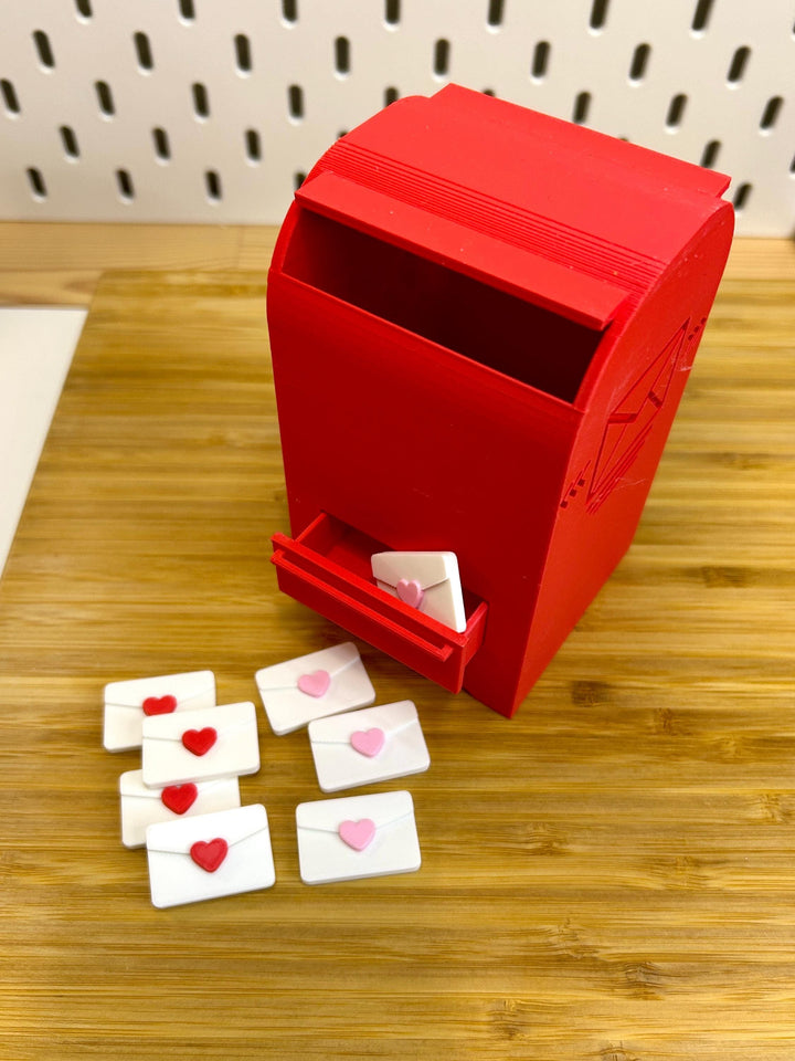 3D Printed Valentine Mailbox with Pull-Out Drawer | Miniature Envelopes Included | Desk Decor, Toy, or Sensory Play | Red Mailbox 5.25” Tall