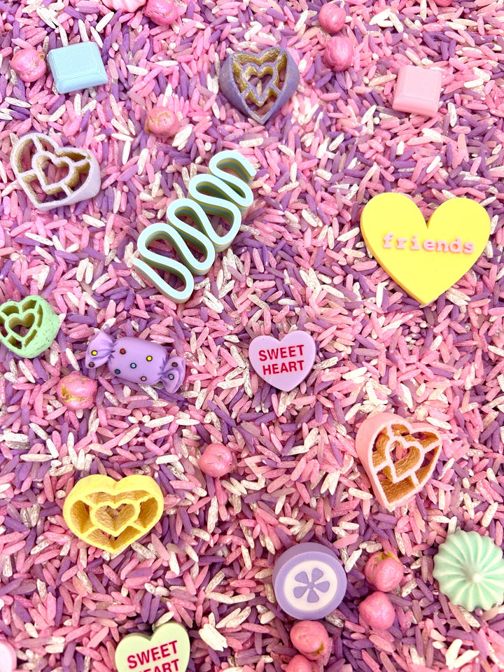 Pastel Candy Valentine Sensory Filler Mix | Conversation Hearts Sensory Bin | Pink Purple White Rice | Valentine’s Day Sensory Play