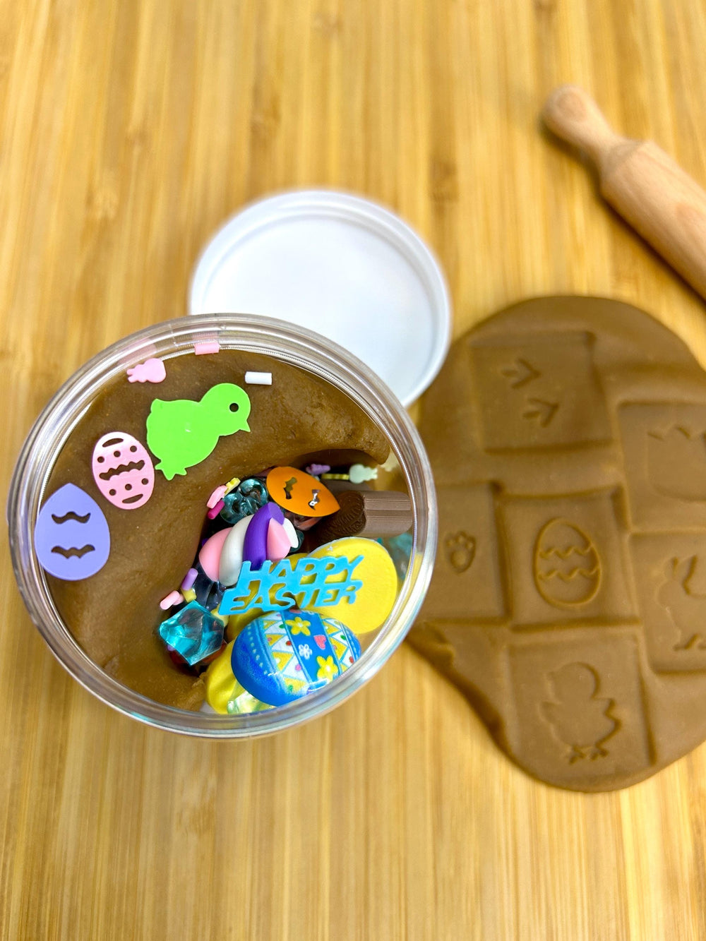 Chocolate Bunny Playdough Jar with Easter Charms | Loose Parts | Spring Sensory Play Dough | Easter Basket Gift for Kids | Homemade Dough