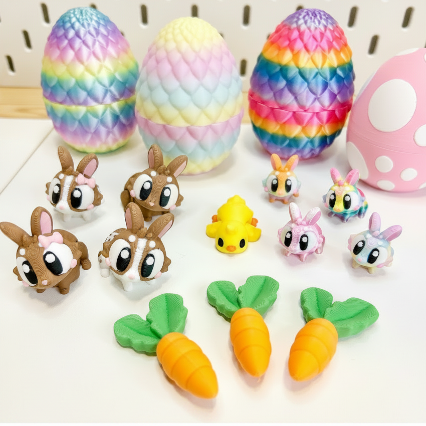 Articulated Bunny, Chick &amp; Carrot Figurines | 3D Printed Easter Egg Trinket Container | Sensory Play Friends