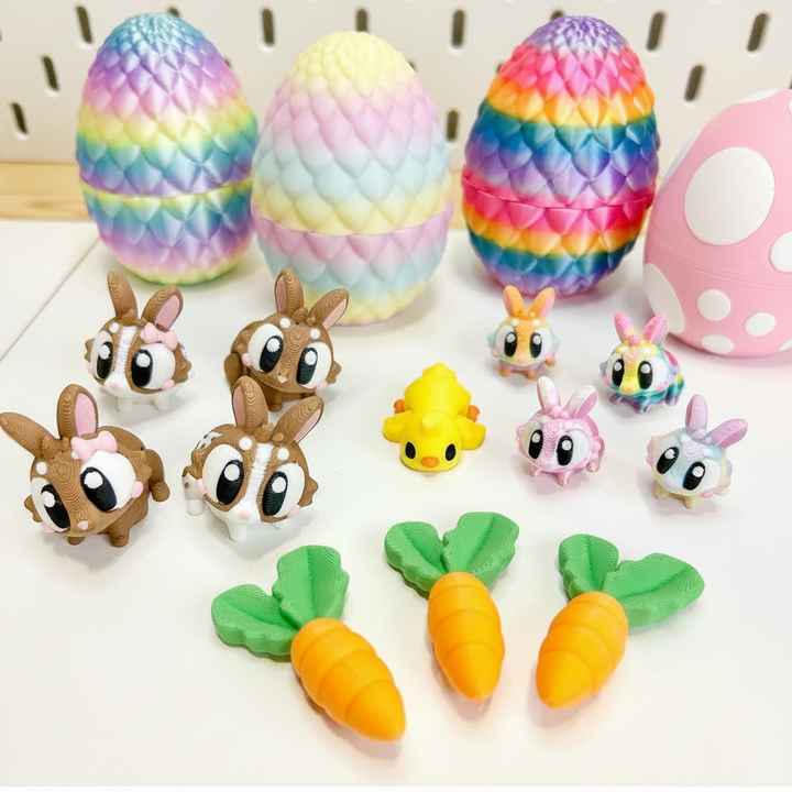 Articulated Bunny, Chick &amp; Carrot Figurines | 3D Printed Easter Egg Trinket Container | Sensory Play Friends