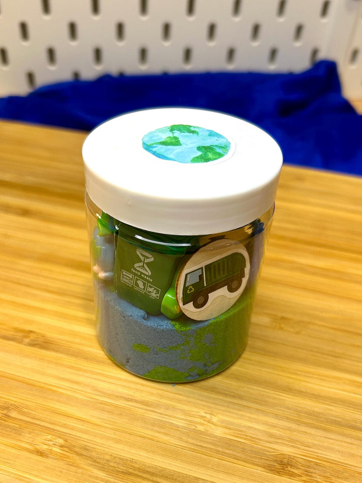 Earth Day Kinetic Sand Kit with Charms | Recycling Sensory Play | Spring Learning Tool | Montessori Play | 120g Blue Green Stretchy Sand
