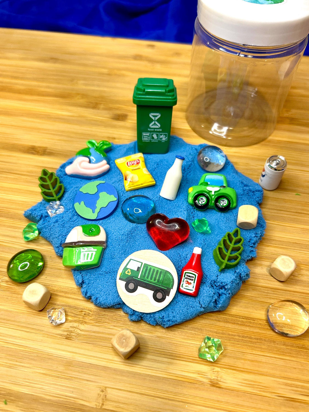 Earth Day Kinetic Sand Kit with Charms | Recycling Sensory Play | Spring Learning Tool | Montessori Play | 120g Blue Green Stretchy Sand