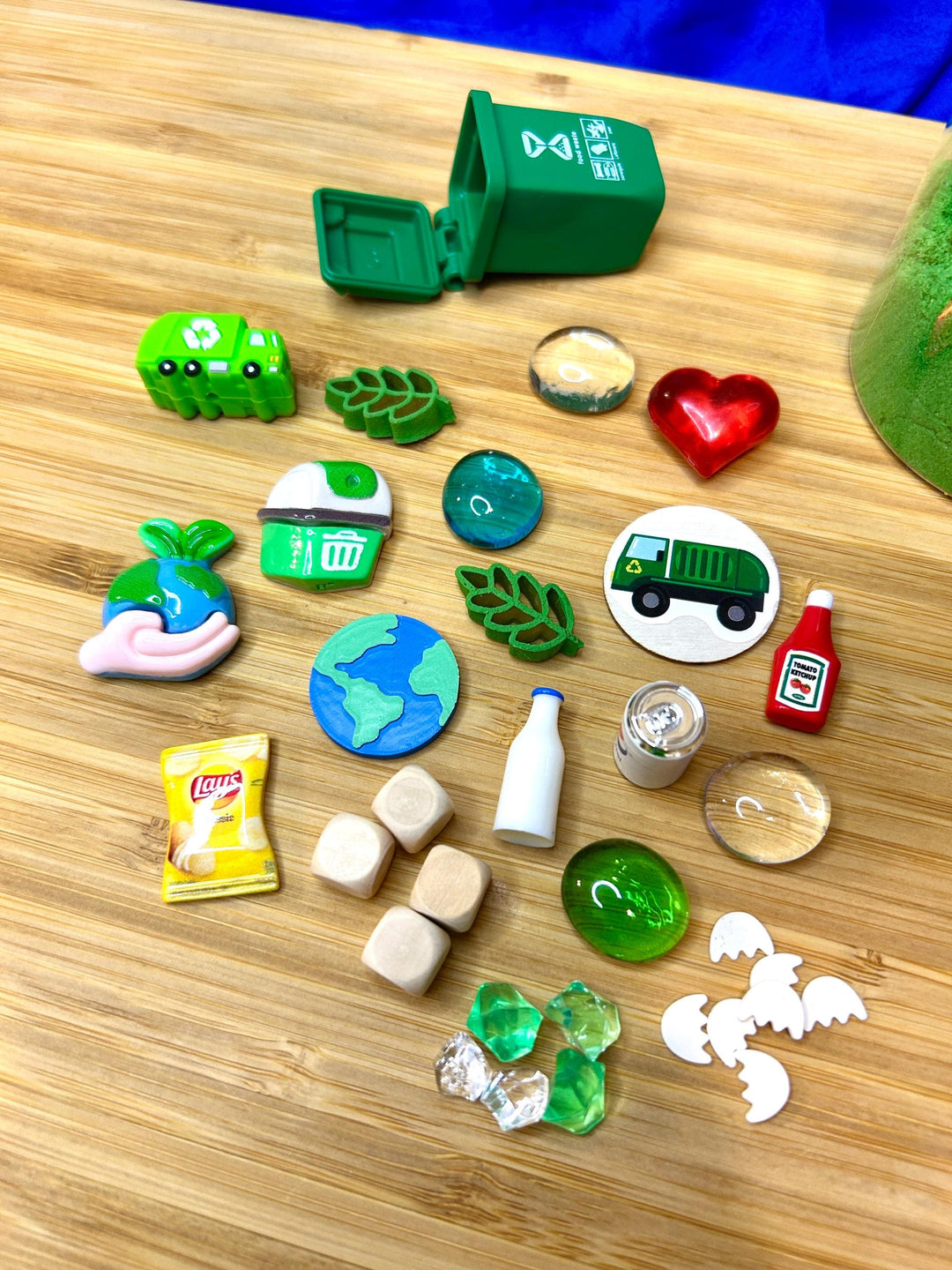 Earth Day Playdough Kit with Charms | Recycling Sensory Play | Spring Montessori Learning | Miniature Trash | 160g Blue Green Homemade Dough