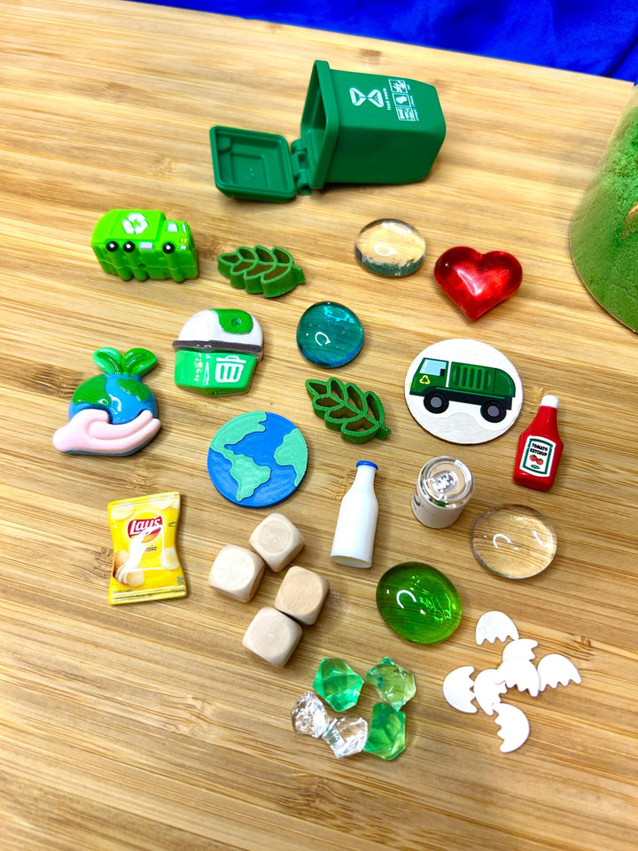 Earth Day Playdough Kit with Charms | Recycling Sensory Play | Spring Montessori Learning | Miniature Trash | 160g Blue Green Homemade Dough