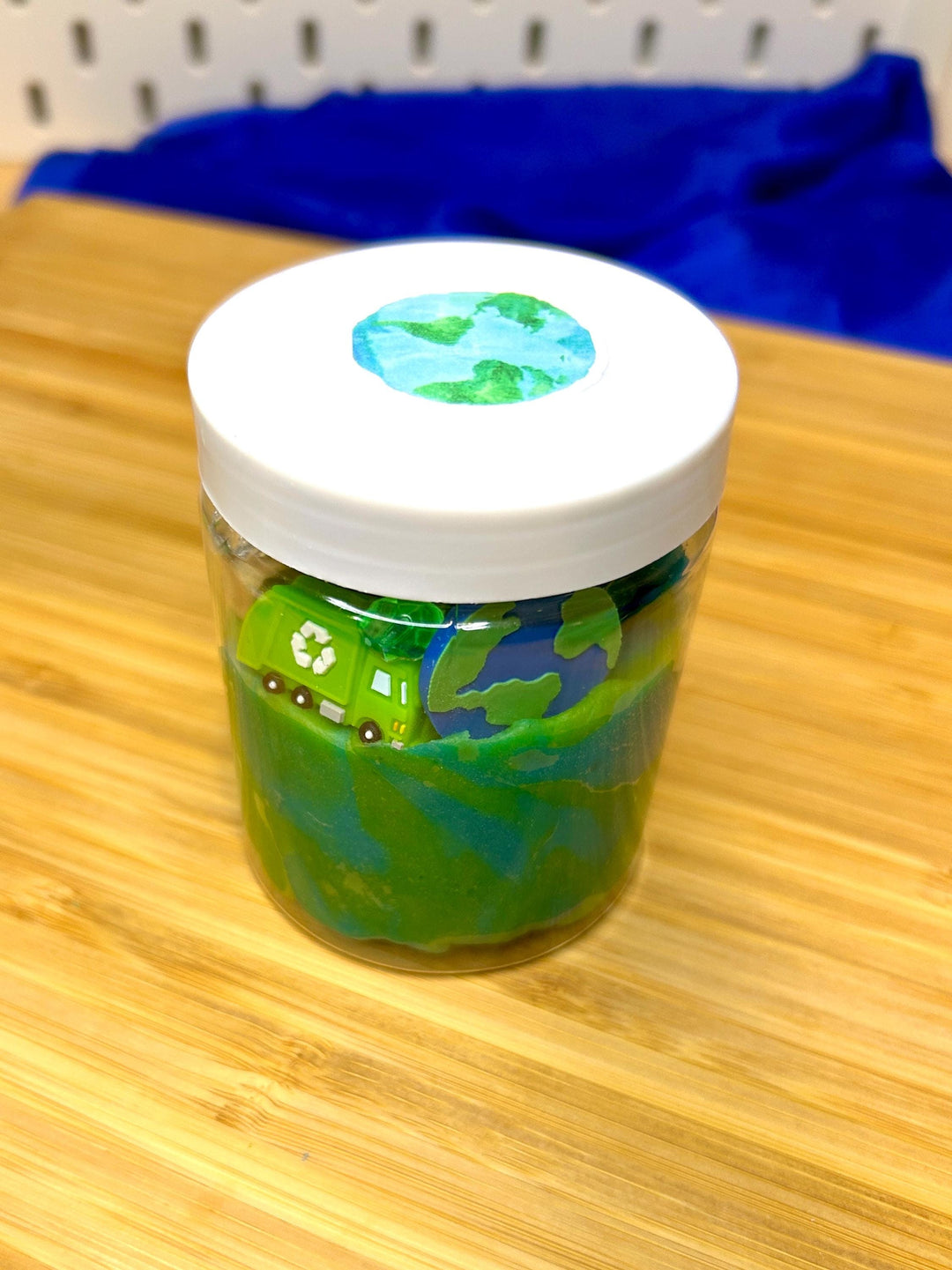 Earth Day Playdough Kit with Charms | Recycling Sensory Play | Spring Montessori Learning | Miniature Trash | 160g Blue Green Homemade Dough