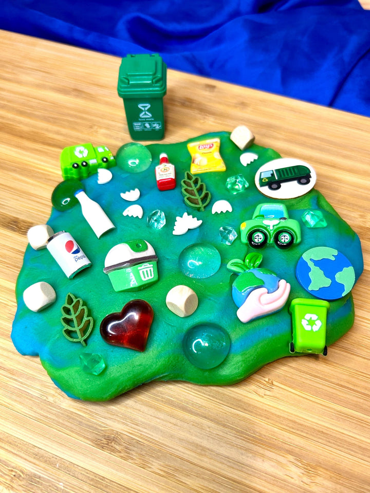 Earth Day Playdough Kit with Charms | Recycling Sensory Play | Spring Montessori Learning | Miniature Trash | 160g Blue Green Homemade Dough