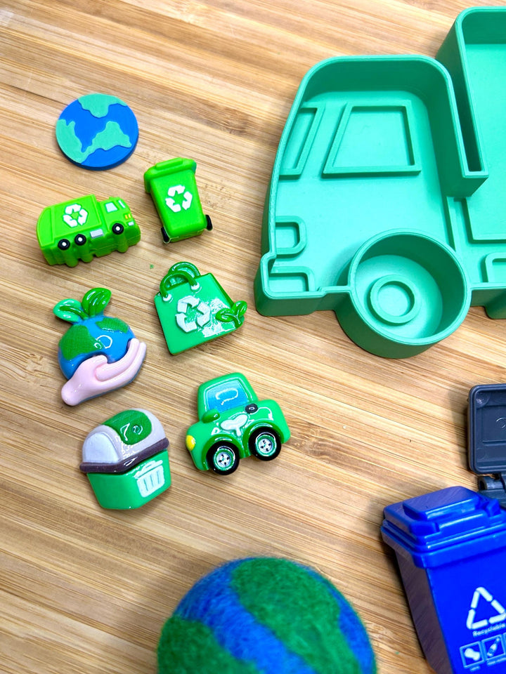 Earth Day Sensory Play Set | Garbage Man Truck Bin | 3D Printed Green Recycling Trinket Tray | Montessori Play | Flisat Table Accessory