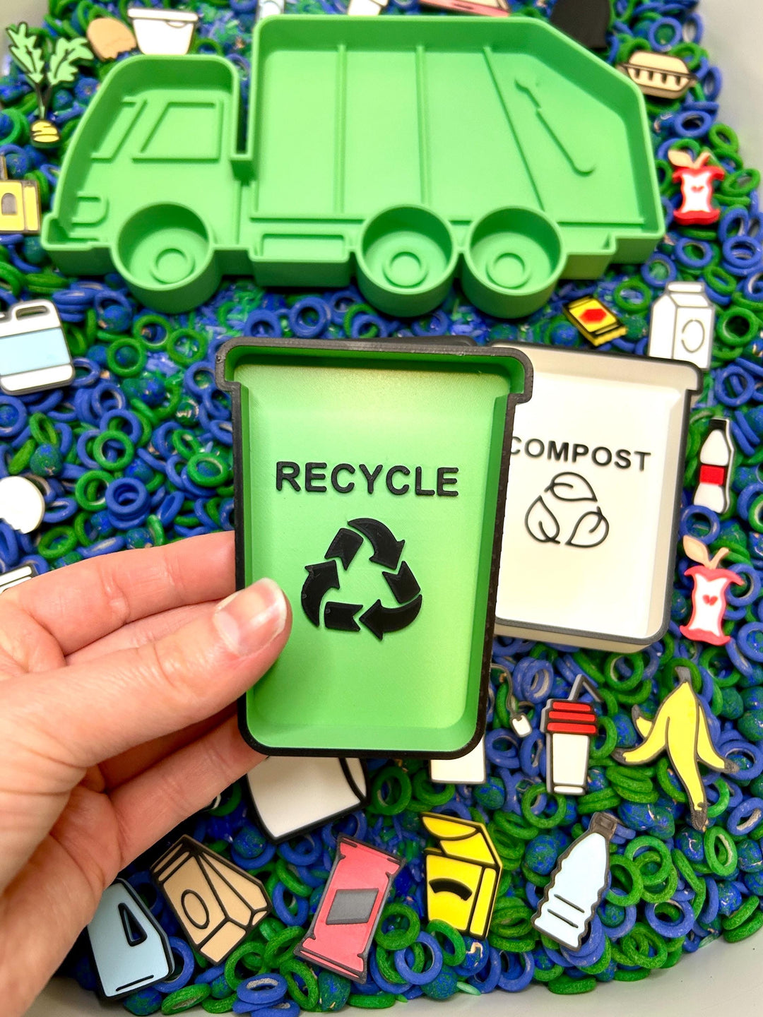 Recycling Sensory Filler Mix | Earth Day Sensory Bin | Green & Blue Filler | Garbage Truck Theme | Montessori Learning | Flisat Table Fun