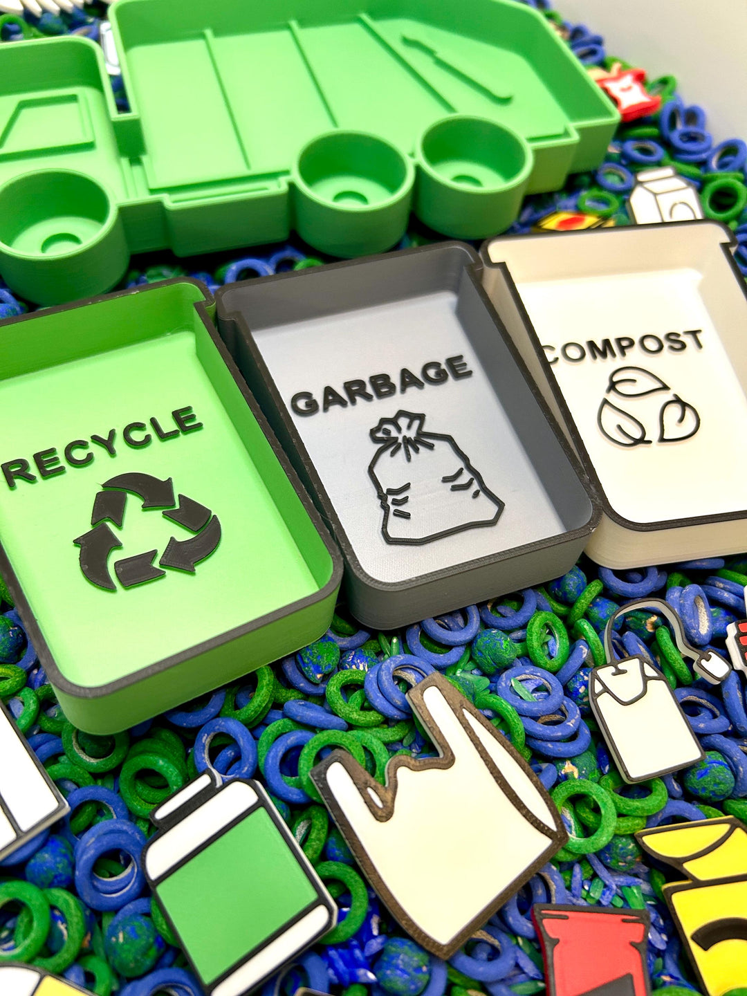 Garbage Truck Sensory Tray | 3D Printed Green Recycling Trinket Tray | Earth Day Sensory Bin Tool | Montessori Play | Flisat Table Accessory