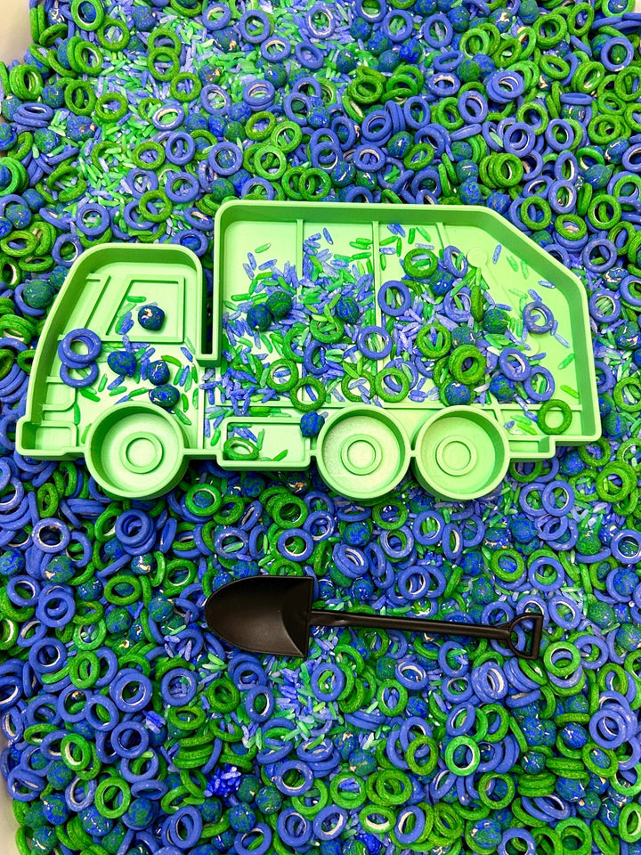 Recycling Sensory Filler Mix | Earth Day Sensory Bin | Green & Blue Filler | Garbage Truck Theme | Montessori Learning | Flisat Table Fun