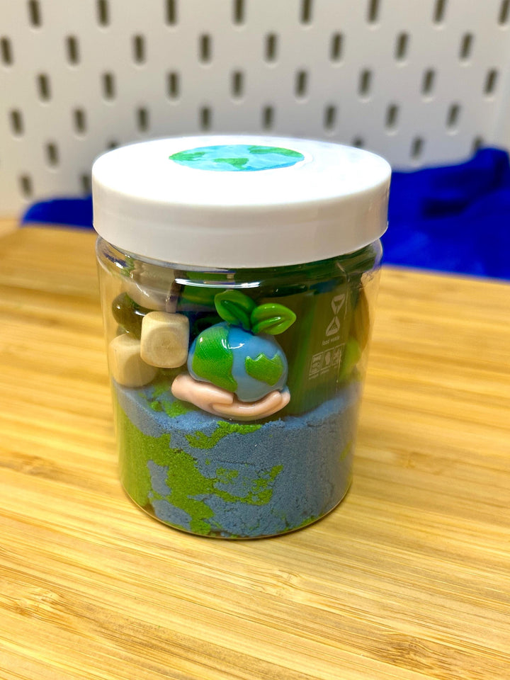 Earth Day Kinetic Sand Kit with Charms | Recycling Sensory Play | Spring Learning Tool | Montessori Play | 120g Blue Green Stretchy Sand