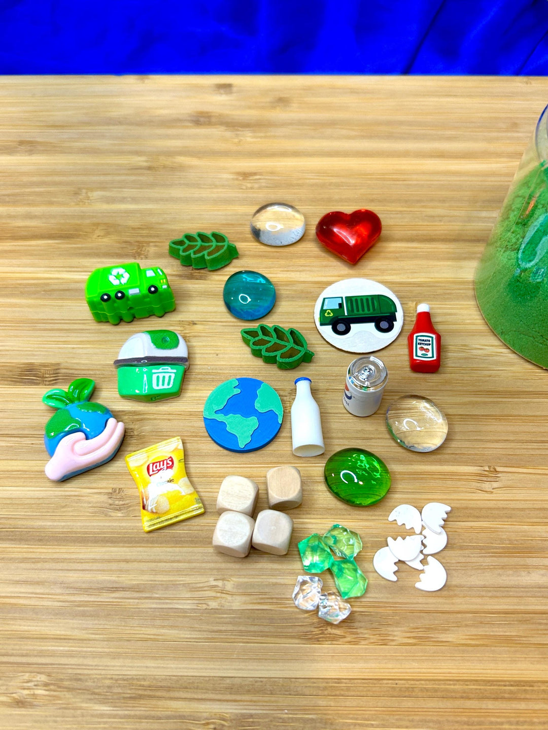 Earth Day Playdough Kit with Charms | Recycling Sensory Play | Spring Montessori Learning | Miniature Trash | 160g Blue Green Homemade Dough
