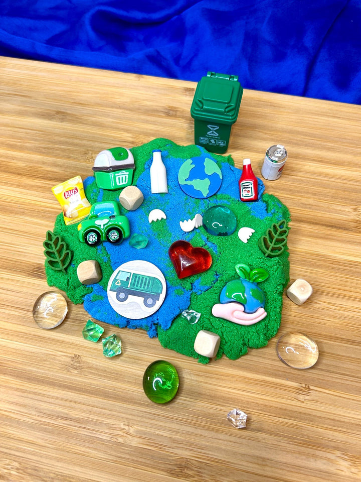 Earth Day Kinetic Sand Kit with Charms | Recycling Sensory Play | Spring Learning Tool | Montessori Play | 120g Blue Green Stretchy Sand