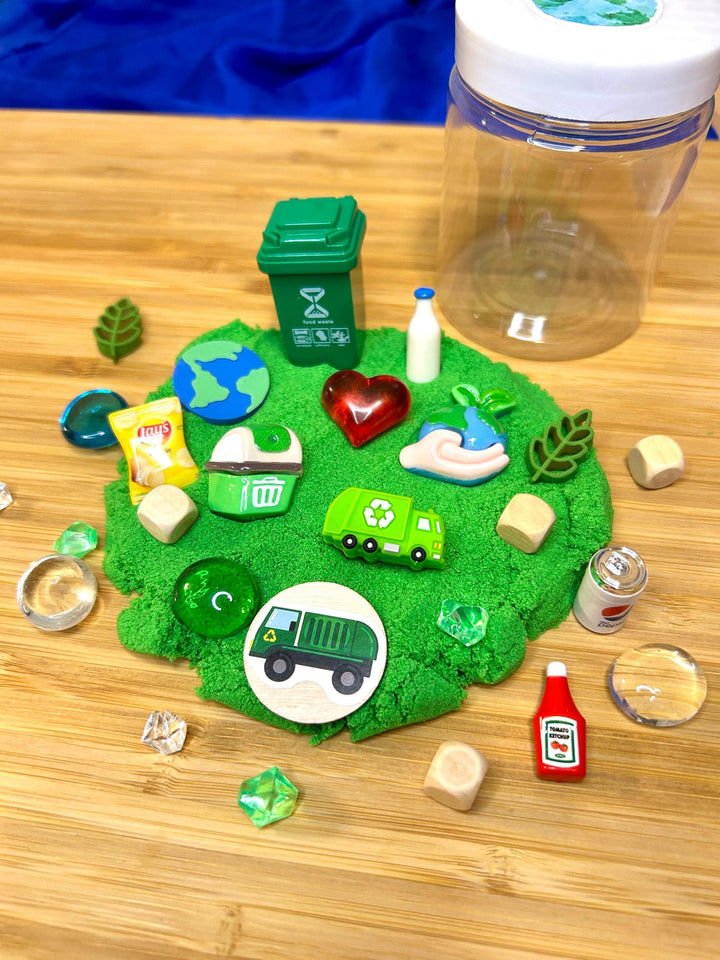 Earth Day Kinetic Sand Kit with Charms | Recycling Sensory Play | Spring Learning Tool | Montessori Play | 120g Blue Green Stretchy Sand