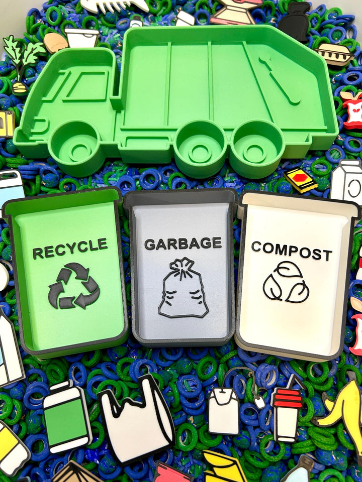 Recycling Sensory Filler Mix | Earth Day Sensory Bin | Green & Blue Filler | Garbage Truck Theme | Montessori Learning | Flisat Table Fun