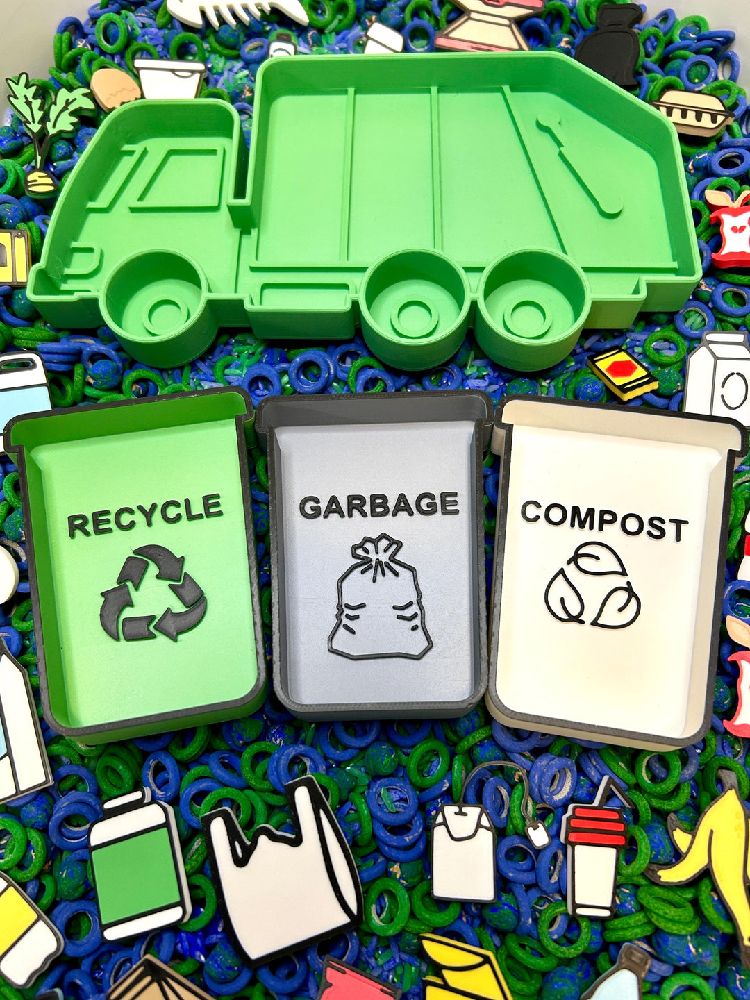 Garbage Truck Sensory Tray | 3D Printed Green Recycling Trinket Tray | Earth Day Sensory Bin Tool | Montessori Play | Flisat Table Accessory