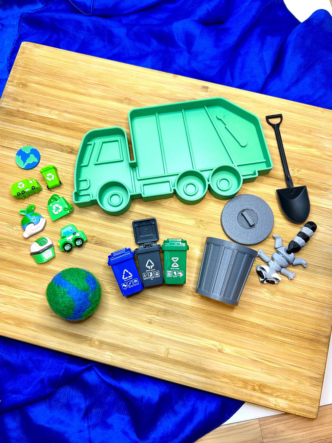 Recycling Sensory Filler Mix | Earth Day Sensory Bin | Green & Blue Filler | Garbage Truck Theme | Montessori Learning | Flisat Table Fun