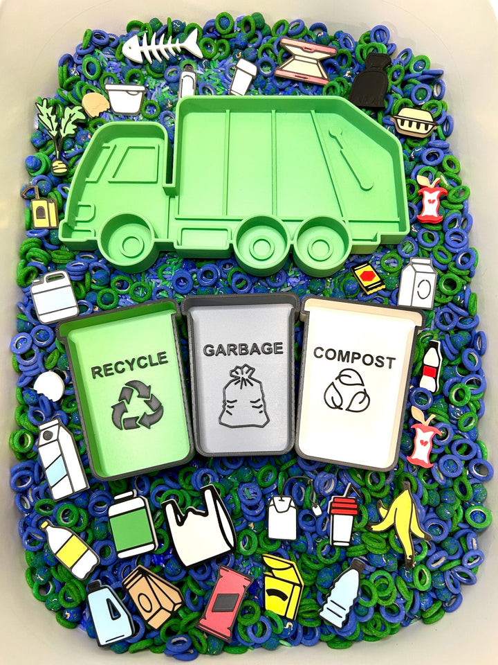 Garbage Truck Sensory Tray | 3D Printed Green Recycling Trinket Tray | Earth Day Sensory Bin Tool | Montessori Play | Flisat Table Accessory