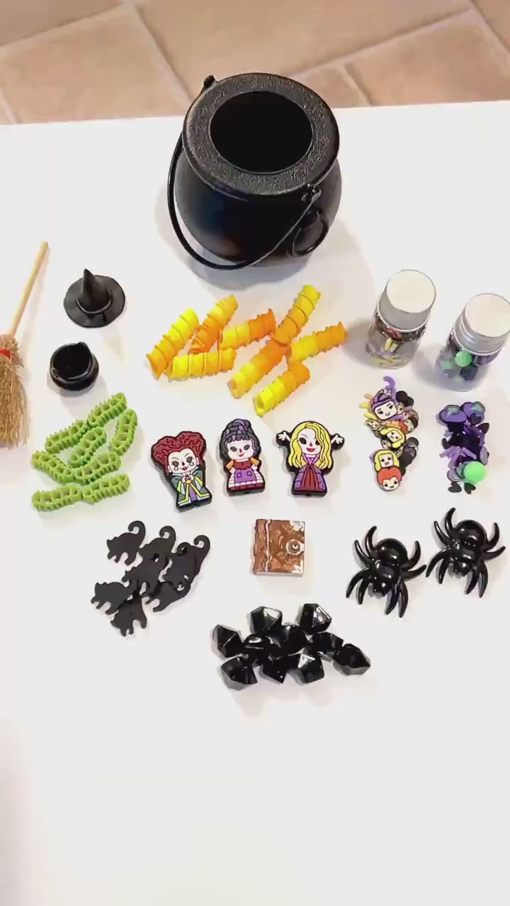 Witch Sisters Add-On Mini Charms Set | Hocus Pocus Witchy Mini Toys Play Setup | Spellbook, Cauldron & Hat Sensory Accessories Loose Parts
