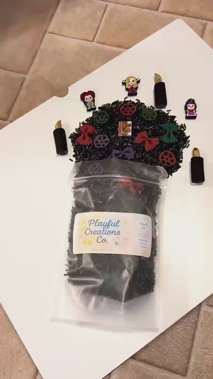Witch Sisters Sensory Filler Mix | Hocus Pocus Inspired Play Bin Filler | Miniature Spellbook | Black Flame Candle Mix | Halloween Sensory