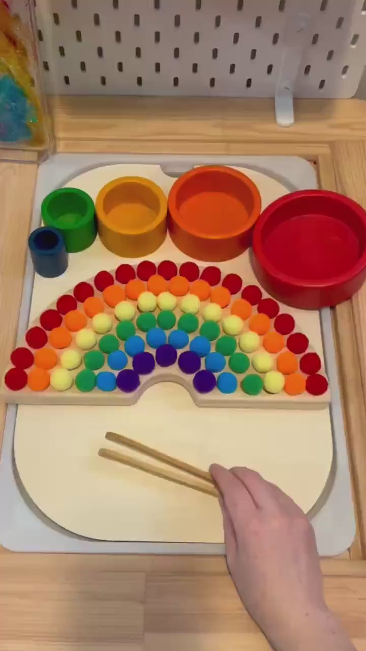 Wooden Rainbow Color Sorter Toy with Pompoms & Wood Tweezers | Montessori Fine Motor Activity | Toddler Sorting Game | Sensory Play Learning