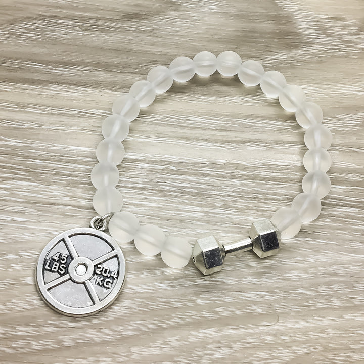 Fitness Dumbbell Beaded Bracelet, Clear Beads